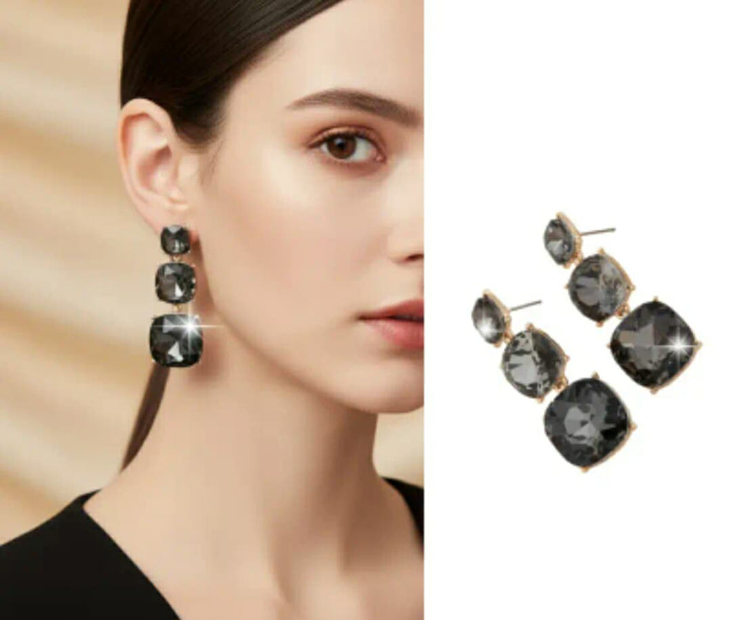 3-Tier Black Square Earrings